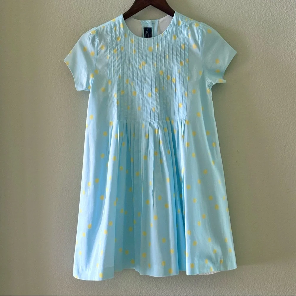 OSCAR DE LA RENTA Cotton Short Sleeve Polka Dot Dress | Blue & Yellow | 14Y